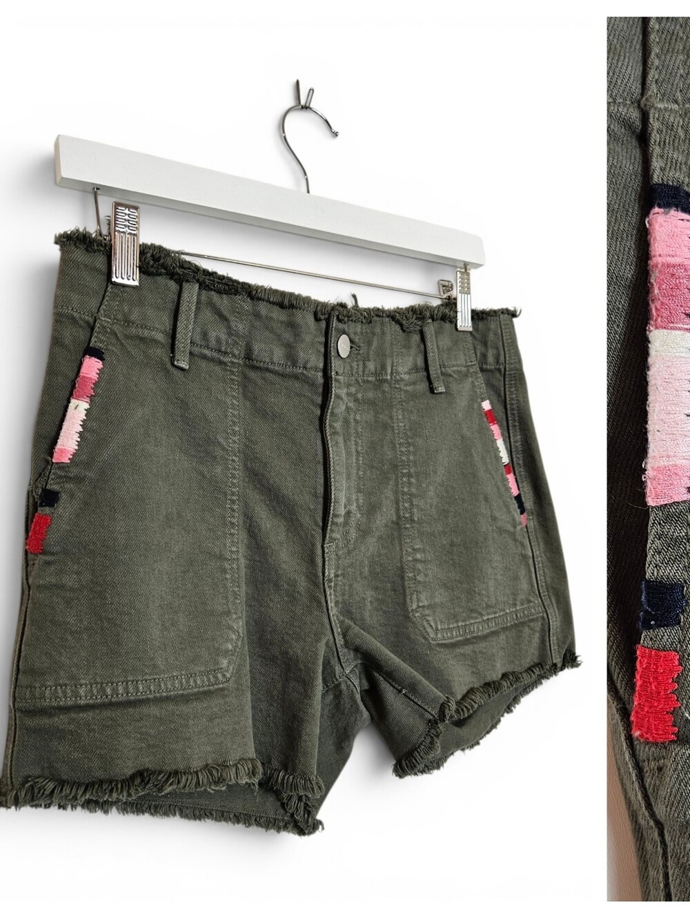 Sundry Utility Shorts Sz 27 Embroidered Raw Hem Army Green Denim Festival Boho